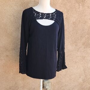 August Silk Whimsygoth Floral Lace Detail Long Bell Sleeves High-low Hem Blouse